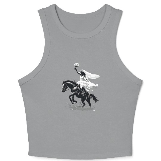Western Cowgirl Bride on Bucking Horse – Grayscale Crop Tank Top
