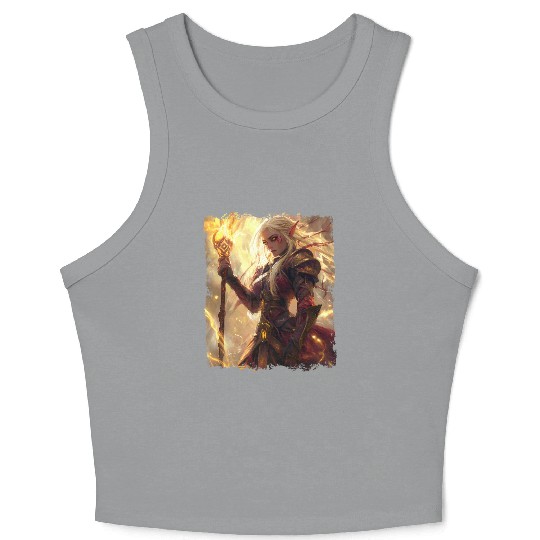 Fiery Elf Mage with Glowing Magical Staff Design Crop Tank Top