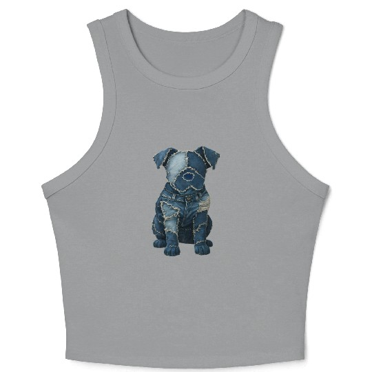 Cute Denim Patchwork Art Dog Crop Tank Top