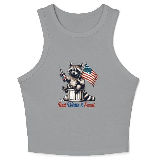 Red White and Feral Raccoon 4th July Crop Tank Top