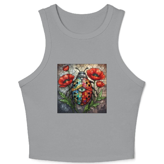 Ladybug stained glass vibrant poppy flower insect Crop Tank Top