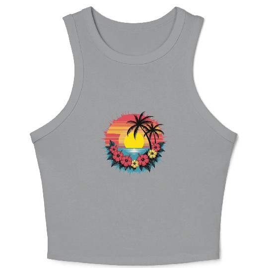Tropical Sunset Paradise with Hibiscus and Palm Crop Tank Top