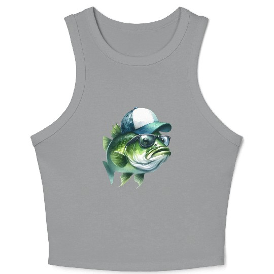 Cool Green Bass with Trucker Hat and Sunglasses Crop Tank Top