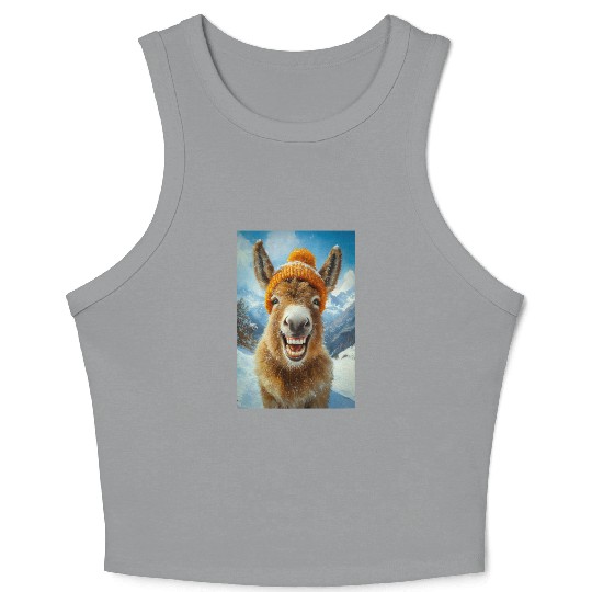 Smiling Donkey in Winter Hat Crop Tank Top