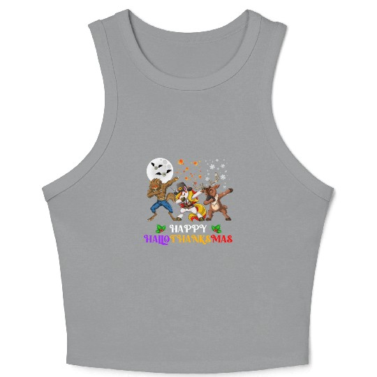Happy Hallothanksmas Dabbing werewolf Unicorn Deer Crop Tank Top