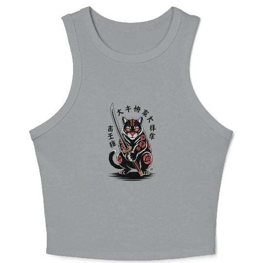 Mythical Japanese Warrior Cat Design Crop Tank Top