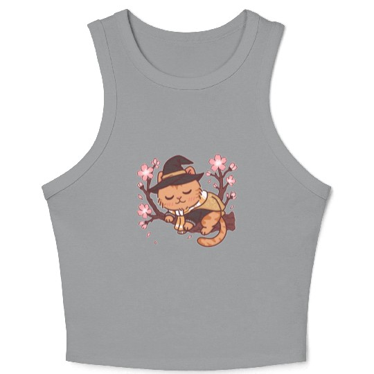 Whimsical Witch Cat in Cherry Blossom Tree Crop Tank Top