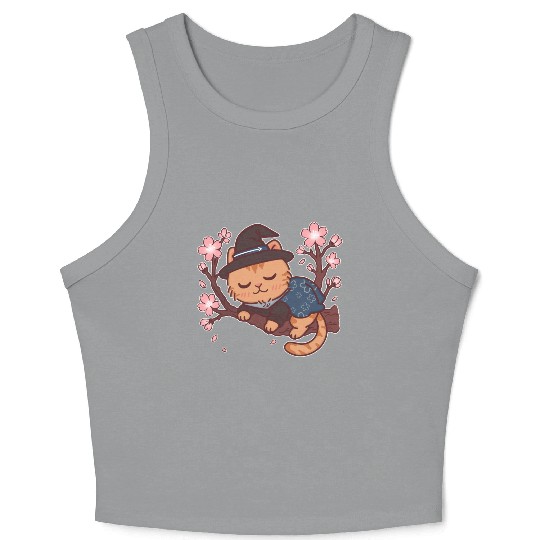 Kawaii Wizard Cat Sleeping on Sakura Tree – Magic  Crop Tank Top