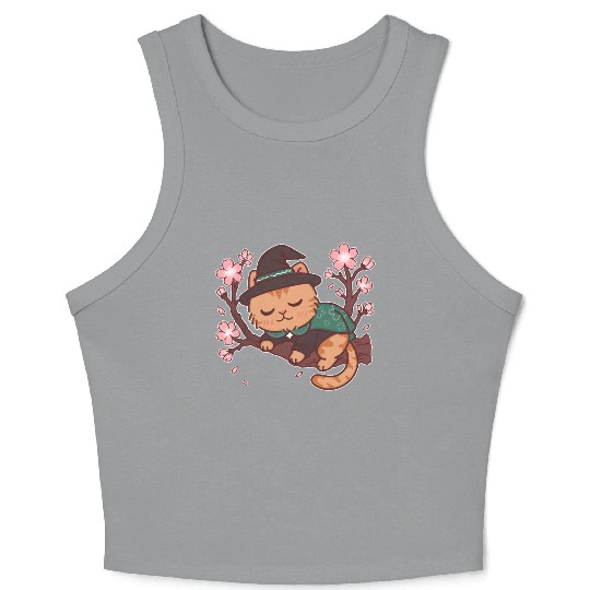 Whimsical Wizard Cat in Blooming Cherry Tree Crop Tank Top