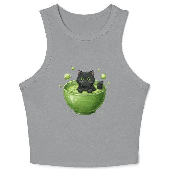 Black Cat in Green Tea Bubble Bath Crop Tank Top