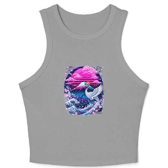 Neon Sakura Crane & Mount Fuji Scene Crop Tank Top