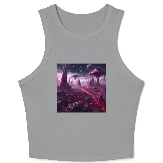 Sci-Fi Future World And Alien City in Neon Pink Crop Tank Top