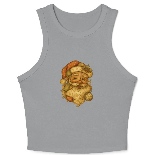 Patchwork Santa Face Vintage Christmas Folk Art Crop Tank Top