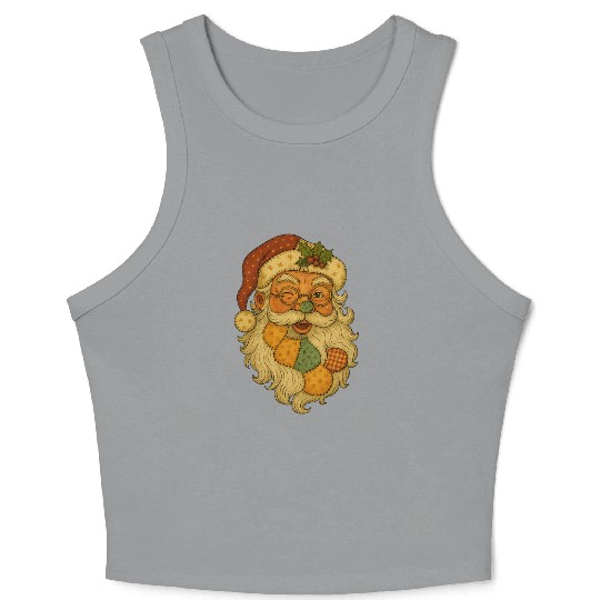 Patchwork Santa Face Vintage Christmas Folk Art Crop Tank Top