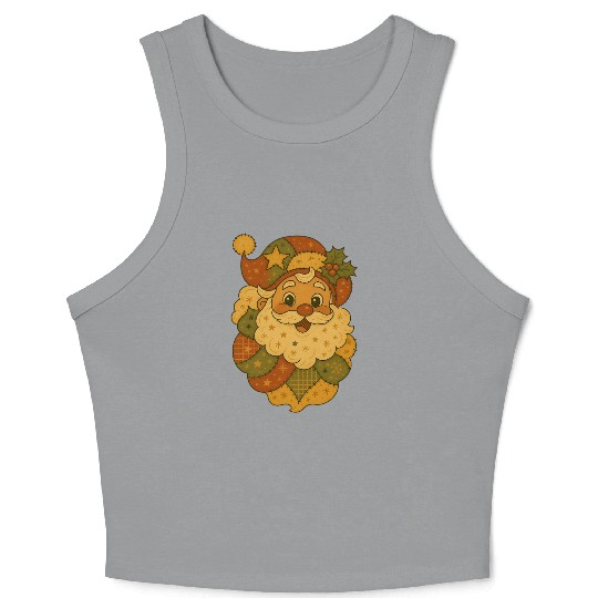 Patchwork Santa Face Vintage Christmas Folk Art Crop Tank Top