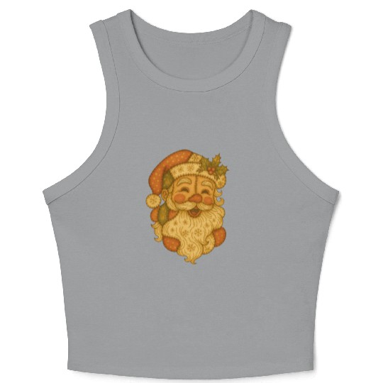 Patchwork Santa Face Vintage Christmas Folk Art Crop Tank Top