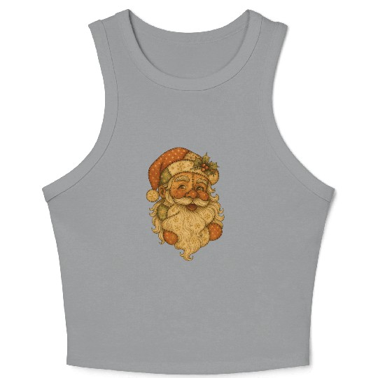 Patchwork Santa Face Vintage Christmas Folk Art Crop Tank Top