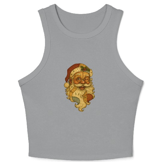 Patchwork Santa Face Vintage Christmas Folk Art Crop Tank Top