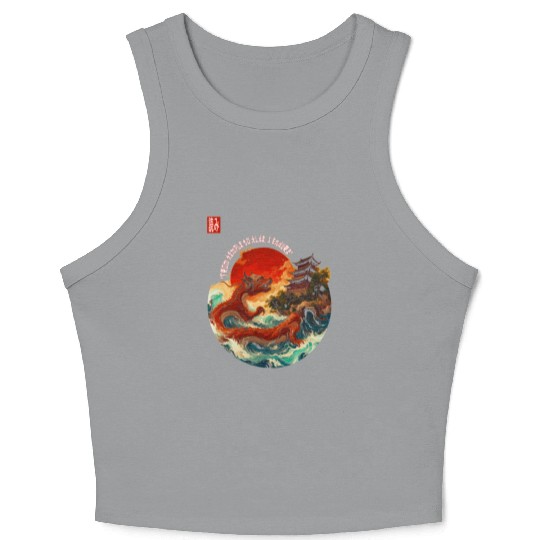 Japanese Dragon and Pagoda Sunset Art Crop Tank Top