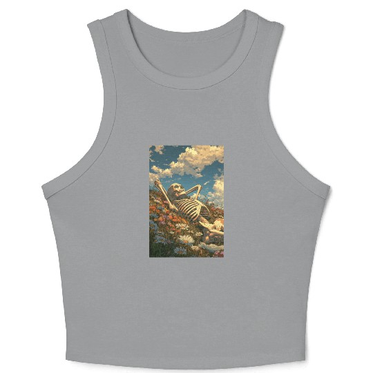 Relaxing Skeleton in Flower Field Crop Tank Top