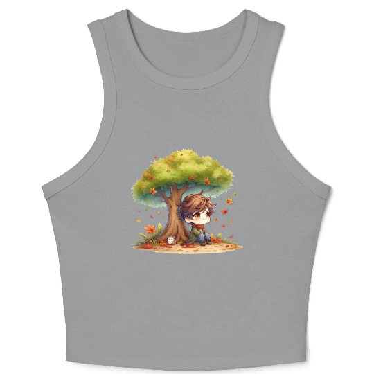 Autumn Serenity Chibi under a Maple Tree Crop Tank Top