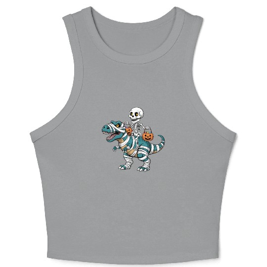 Skeleton Riding Mummy Dinosaur Funny Halloween Crop Tank Top