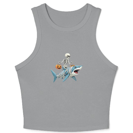 Skeleton Riding Shark Mummy Funny Halloween Crop Tank Top