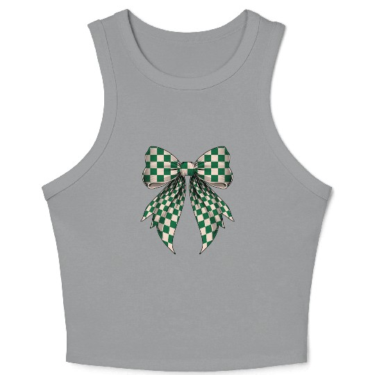 Coquette Bow Cream White Green Checkered Pattern Crop Tank Top