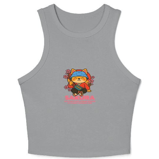 Kawaii Samurai Fox Cherry Blossom Design Crop Tank Top