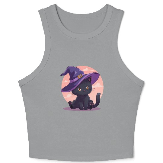 Whimsical Halloween Cat with Witch Hat Crop Tank Top