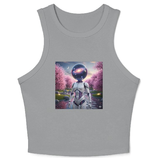 Futuristic Robot in Cherry Blossom Paradise Crop Tank Top