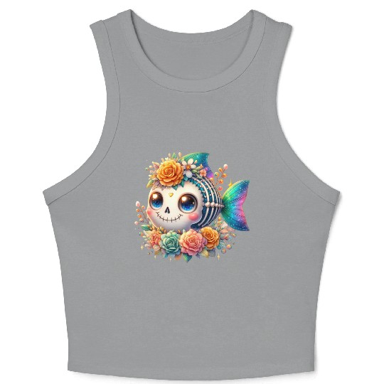 Whimsical Skeleton Fish with Floral Crown Crop Tank Top