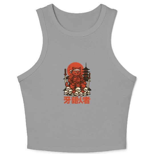 Samurai Cat with Skulls and Pagoda Crop Tank Top