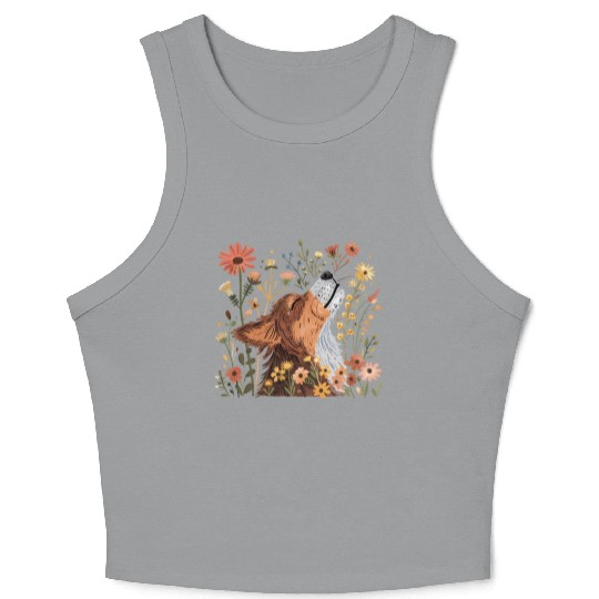 Serene Howling Wolf Amid Floral Bloom Crop Tank Top