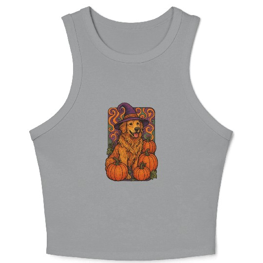 Halloween Wizard Golden Retriever with Pumpkins Crop Tank Top