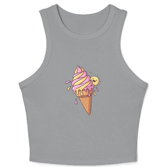 Whimsical Ice Cream Cone with Happy Sun Crop Tank Top