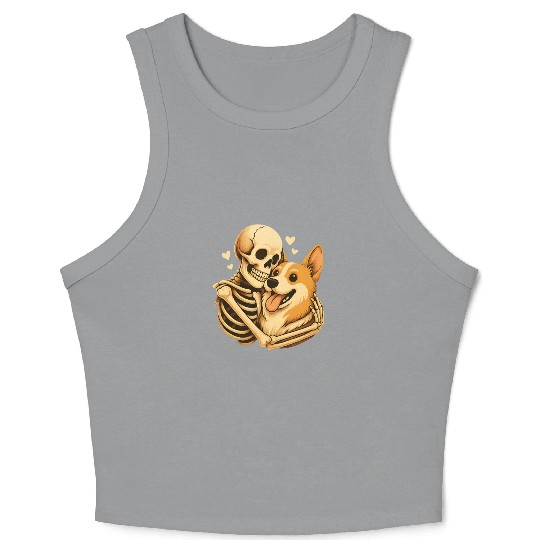 Halloween Skeleton Hugging Corgi Dog Crop Tank Top