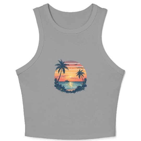 Sunset Ocean Scene with Palm Trees Crop Tank Top