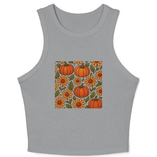 Autumn Pumpkin and Daisy Pattern Crop Tank Top