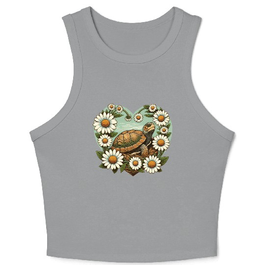 Turtle surrounded by Daisy Heart Design Crop Tank Top