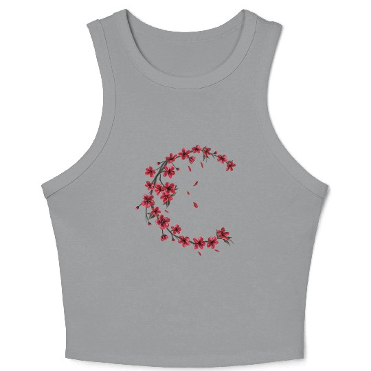 Red Moon Cherry Blossom Sakura Flower Design Crop Tank Top