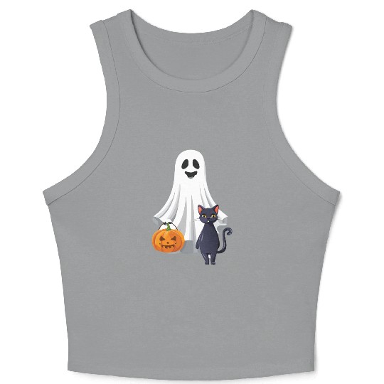 Halloween Ghost Cat Pumpkin Crop Tank Top