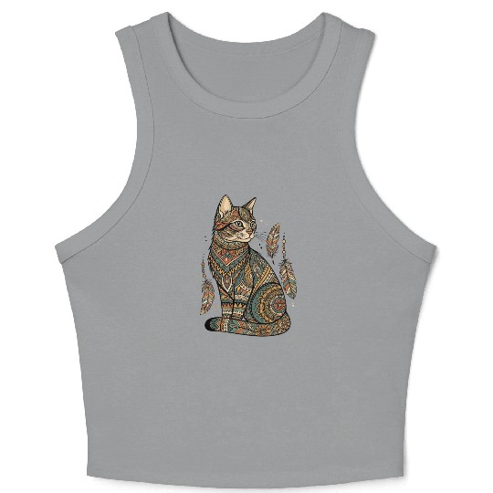 Boho Mandala Cat – Tribal Patterned Feline Art Crop Tank Top