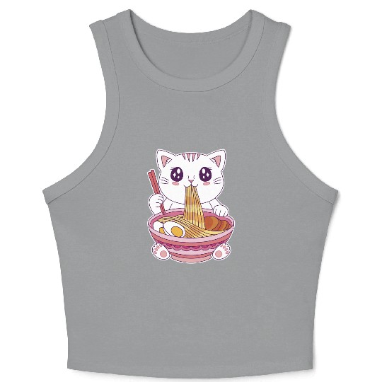 Cute Kawaii Cat Eating Ramen  Crop Tank Top