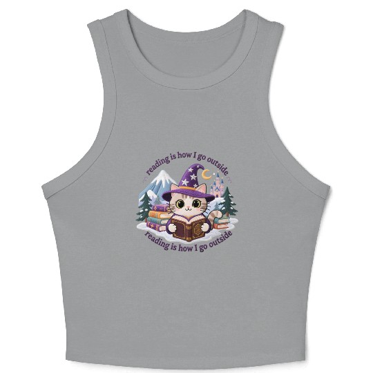 Whimsical Cat Wizard Reading Magic Book Crop Tank Top