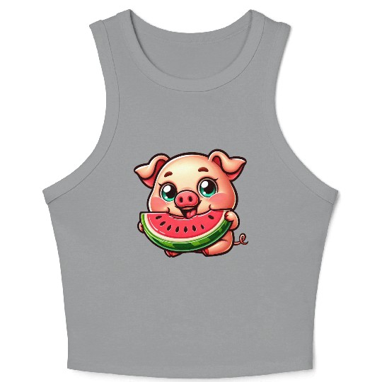 Cute pig with watermelon summer vacation farmer Crop Tank Top