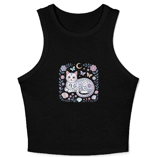 Cancer Zodiac Cat Mystical Art Crop Tank Top