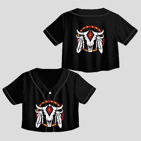 Aztec Pattern Cow Skull Cowboy Indian Mexican Crop Top Baseball Jerseys