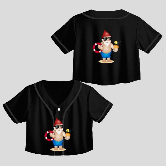 Garden gnome with swimming trunks and lifebuoy Crop Top Baseball Jerseys