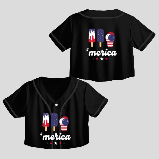 Ice Cream Patriotic Popsicles US Flag Merica Crop Top Baseball Jerseys